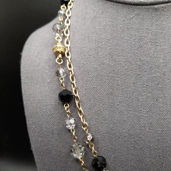 Vintage Long Black Smoky Crystal Necklace, 44 Inch, Gold Tone Chain Spacer Beads - Picture 7 of 11